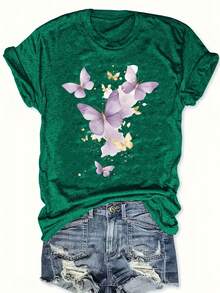 Plus Size Women's Plus Size T-Shirt With Purple Butterfly And Letter Print - Round Neck, Warm And Casual For Winter, Comfortable Casual Clothing For Plus Sizes, Cozy Machine Washable Blouse For Autumn And Winter - 海洋綠 - 查看 5