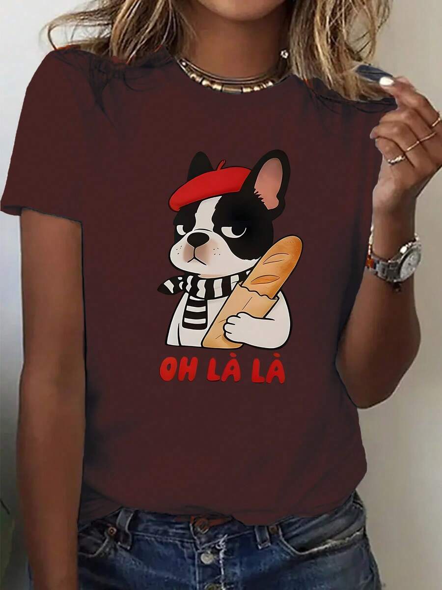 Talla Grande - Talla Grande - Una camiseta de mujer con un dibujo de un bulldog francés con una boina roja y una bufanda a rayas blancas y negras, sosteniendo una baguette, con el texto 'OH Là Là' impreso debajo en letras grandes y un diseño de cuello redondo. - Burdeos - Ver 1