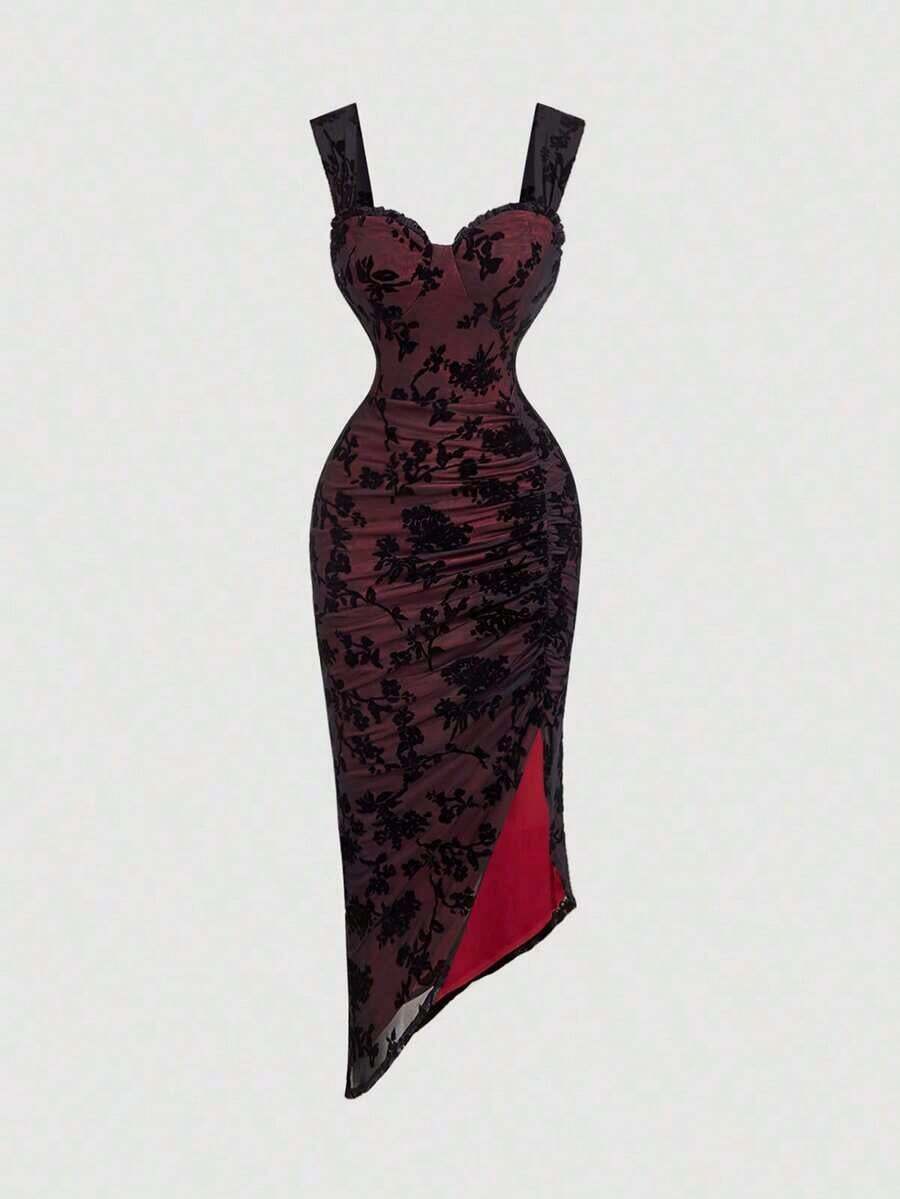 Vestido con estampado floral, plisado y dobladillo asimétrico con abertura, vestidos en tonos pastel para mujer - Rojo y negro - Ver 1