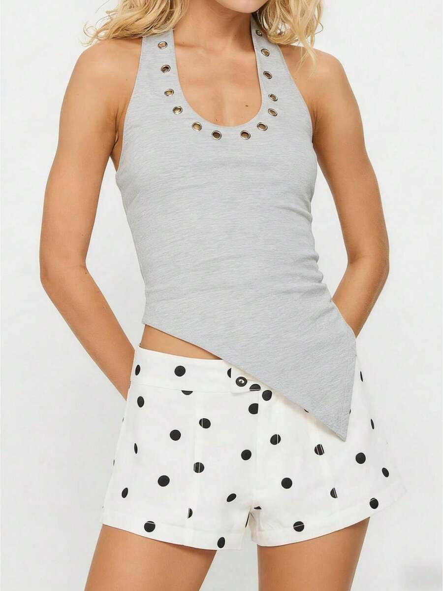 Women Summer Rivet Halter Top Sleeveless Open Back Asymmetrical Slim Fit Tank Top Y2K Party Going Out Shirts - 淺灰色 - 查看 1