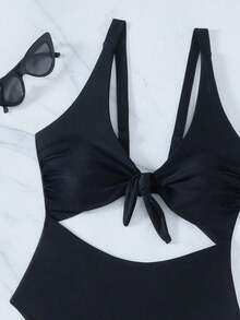 Swim Vcay Traje de baño de una pieza de unicolor negro elegante sin mangas, de cintura alta y con tirantes ajustables, para primavera/verano 2026 - Negro - Ver 6