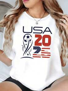 Copa con balón y estrellas que simbolizan la pasión por el fútbol y el orgullo por la bandera de Estados Unidos camiseta de mujer casual moderna para fanáticas del deporte - Negro - Ver 7