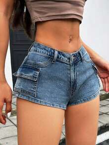 Summer Low Waist Sexy Slim Fit Mini Denim Shorts With Workwear Design - Azul - Ver 6