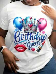 Women's "Birthday Queen" Graphic T-Shirt - Casual White Short Sleeve T-Shirt With Crown, Balloon, Red Lips And Makeup Print, Ideal Gift For Spring/Summer, Birthday T-Shirt. - 白色 - 查看 7