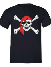 1 Piece Men's T-Shirt With Jolly Roger Skull And Crossbones Design, Pirate Flag, Military Style, American Bandana, Gift For Men, Crew Neck T-Shirt, 180g, 100% Cotton - 黑色 5 - 查看 7