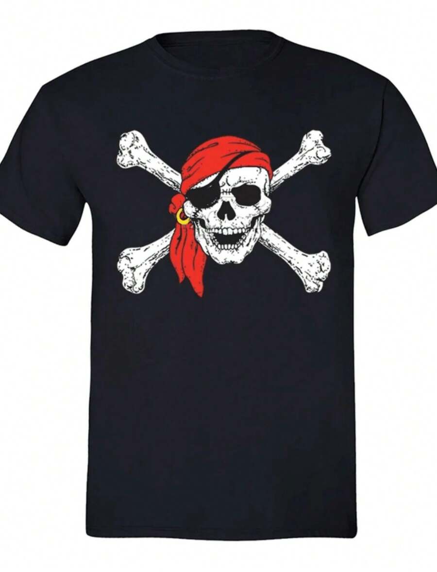 1 Piece T-Shirt With Jolly Roger Skull And Crossbones Design, Pirate Flag, Military Style, American Bandana, Gift, Crew Neck T-Shirt, 180g, 100% Cotton - 黑色 6 - 查看 1