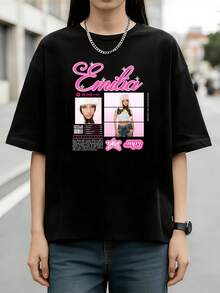 Argentine Singer Emilia Mernes Pink Y2K Style Fan Cotton Summer Short Sleeve T-Shirt - Black - View 1