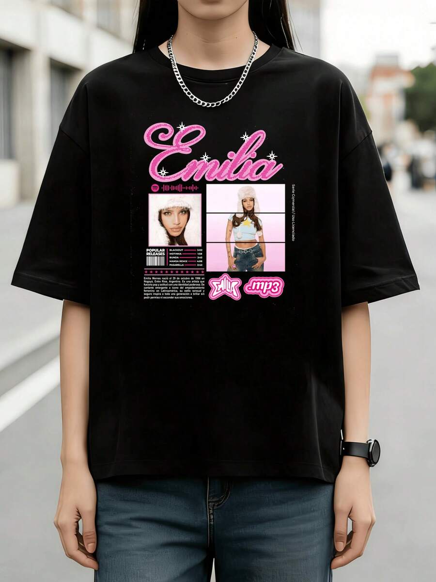 Argentine Singer Emilia Mernes Pink Y2K Style Fan Cotton Summer Short Sleeve T-Shirt - Black - View 1