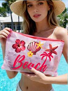 Multi-Color Waterproof Fashion Mesh Fabric Beach Bag, Make Up Bag With Color "Beach"Printing, Frangipani, Hibiscus, Starfish, Seashell, And Pearl Elements, Beach Theme. Large Capacity Transparent Cosmetic Bag, Toiletry Bag With Nylon Zipper - Lightweight, Storing Sunscreen, Snacks, Bikinis, And Beach Essentials. - Multicolor - View 4