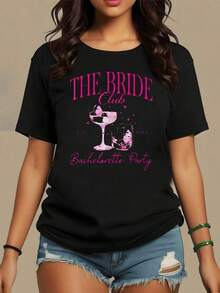 Graphic Of Pink Champagne Glasses With Glitter Symbolizing The Joy Of A Bachelorette Party And The Union Between Friends. Women's T-Shirt, 100% Cotton, Comfortable And Modern, Maija Curvy Woman. - 黑色 - 查看 1