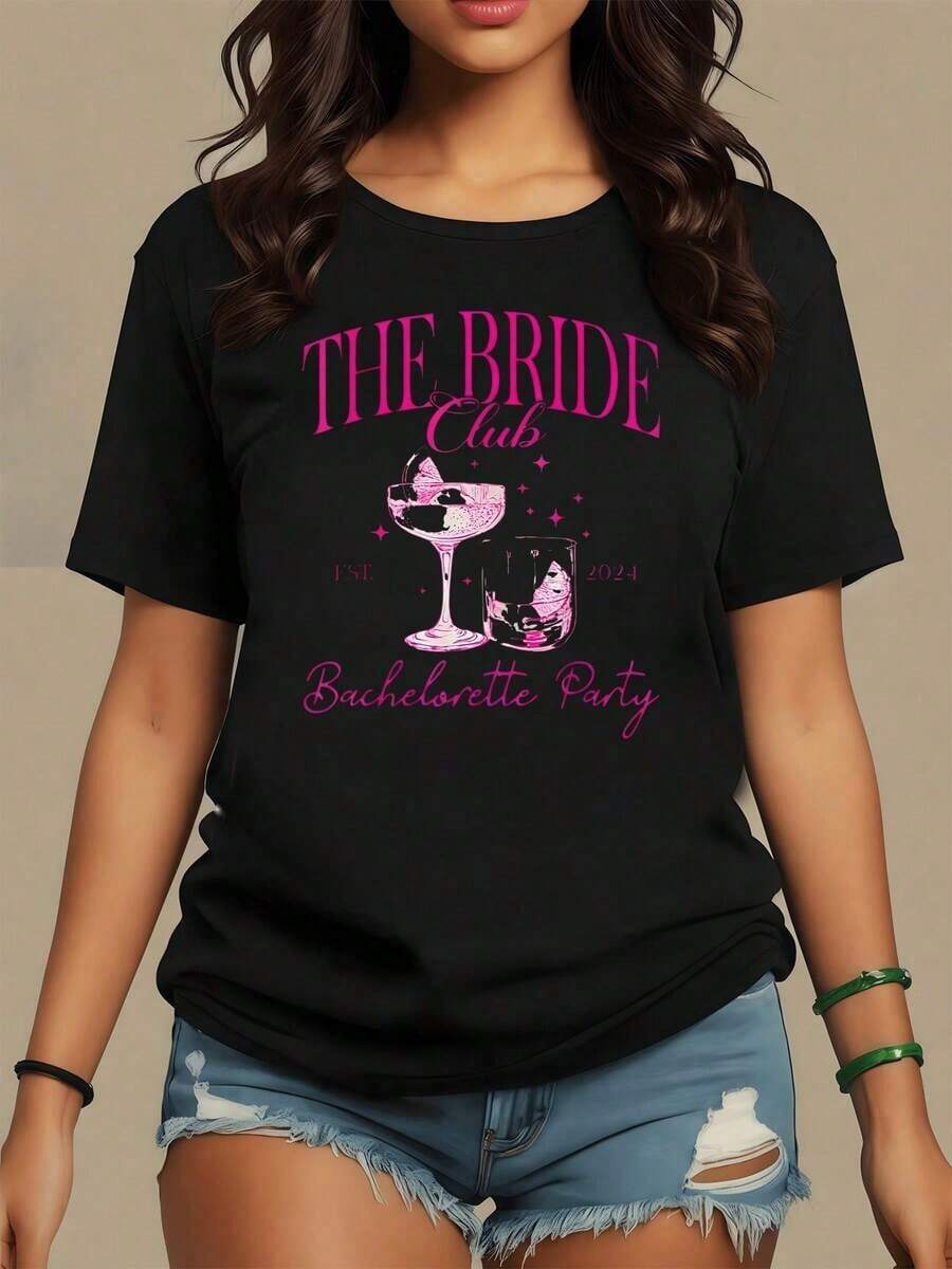 Graphic Of Pink Champagne Glasses With Glitter Symbolizing The Joy Of A Bachelorette Party And The Union Between Friends. Women's T-Shirt, 100% Cotton, Comfortable And Modern, Maija Curvy Woman. - 黑色 - 查看 1