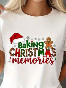 Camiseta de Navidad de impresión de pan de jengibre blanco y caña de caramelo de las mujeres - Top de cuello de la tulación de manga corta temática de hornear con pan de jengibre y diseño de copo de nieve, vestido de hornear de vacaciones de uste relado (lavable en máquina) - Blanco - Ver 2