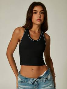 NcmRyu 1 pieza Camiseta deportiva de mujer de cuello redondo, ajustada y corta, con contraste de color, de espalda de tirantes, suave y cómoda - Negro - Ver 9
