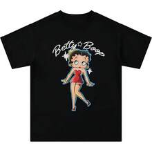 White Cotton T-Shirt With Print, Women's Retro Casual Short Sleeve T-Shirt, Vintage Aesthetic Style - 黑色 - 查看 7
