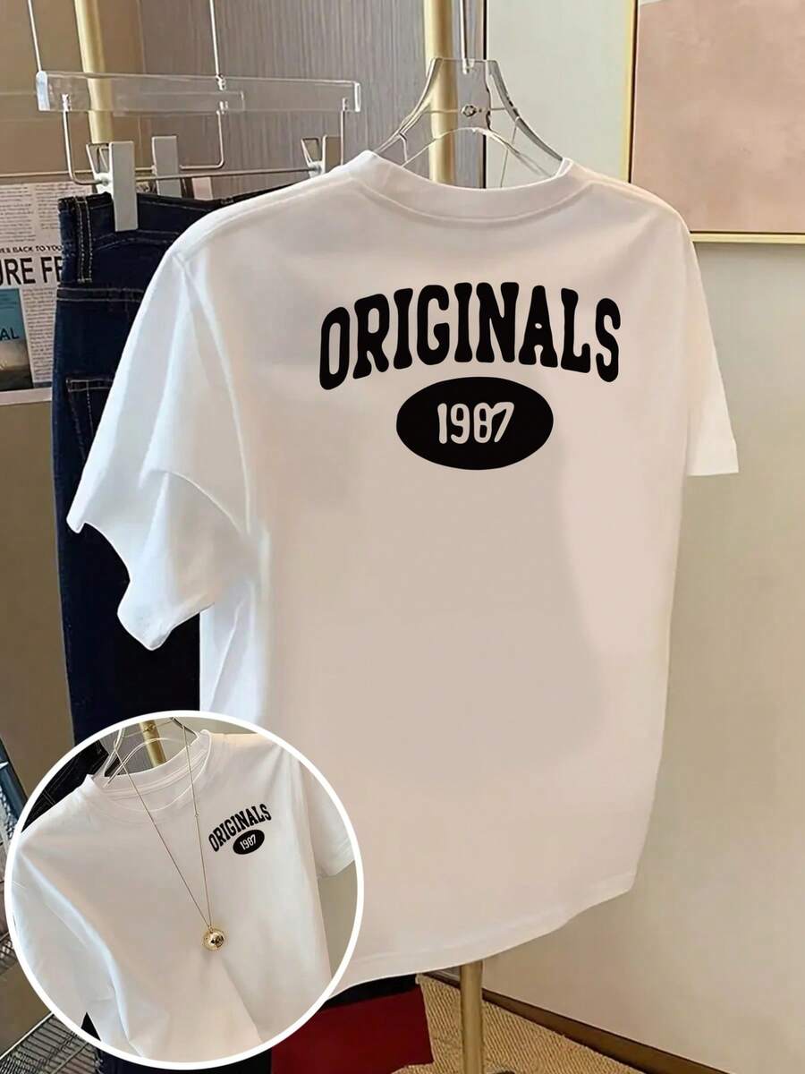 Camiseta Original para Mujer con Estampado de Lema de 1987 - Camiseta Casual de Manga Corta y Cuello Redondo con Diseño de Logotipo Retro, Tejido de Elasticidad Media Adecuado para Atuendos Casuales de Primavera, Verano y Otoño y para Usar en Capas, Estilo Y2k - Negro - Ver 1