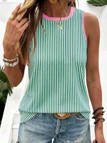 Camiseta sin mangas casual de cuello redondo con estampado floral para mujer, camisa cómoda para uso diario en verano. - Multicolor 4 - Ver 3