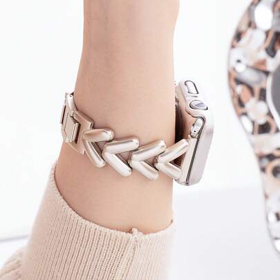 1pc Silver V-Shaped Metal Chain Band, Fits All Series, Polished Alloy V-Shaped Hollow Chain Links, Scratch-Resistant High-End Silver Finish, Adjustable Chain Links For Comfortable Fit. Precisely Suits Minimalist Enthusiasts, Elegant Ladies, And Office Workers; Suitable For Commuting, Business, Dates And Gatherings