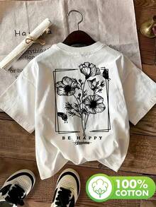 Esta es una camiseta estampada reversible con un diseño minimalista de flores y mariposas.Está hecho de material puro, es adecuado para un ajuste holgado y es versátil para uso casual.Es lavable a máquina.Camiseta Y2k - Blanco - Ver 4