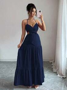 YHHRafferiza Vestido largo elegante con efecto calado y lazo para mujerYHH - Azul marino - Ver 4