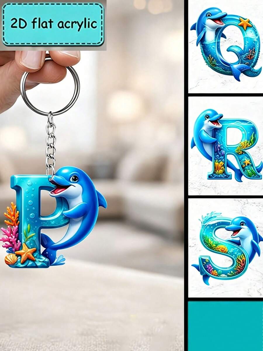 2D Flat Acrylic Keychain, Dolphin Letter Keychain, Novelty Keychain, 26 Letters, Dolphin, Marine Life, Keychain Accessories, Fashion Accessories, Suitable For Various Occasions Matching Keychain - Dolphin - View 1