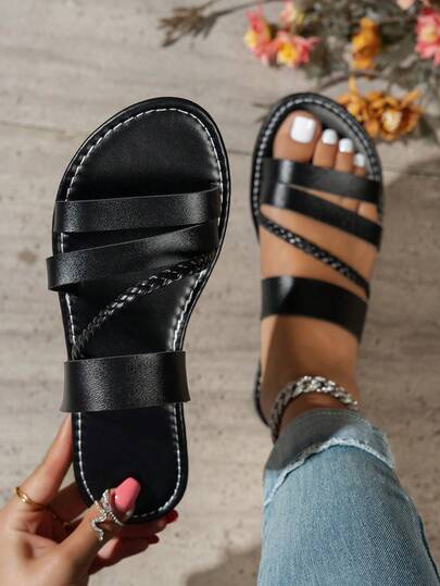 Summer New Fashion Woven Flat Sandals For Women, Comfortable Soft Sole, Versatile For Indoor & Outdoor Wear