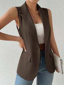 Blazer sin mangas de estilo elegante de color verde oliva para mujer, chaleco casual con solapa y botón en tela tejida lisa, corte regular - Marrón - Ver 4
