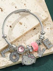 1pc Cartoon Sanrio Character Bracelet With KT Cat Kuromi Pendant, Fashionable & Versatile Accessory - Pink - View 3