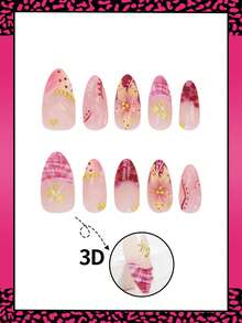 10片装3D中号杏仁形美甲模具，夏季3D花朵水滴贝壳纹理，饰以金属珠和海星，粉色渐变法式美甲全覆盖假指甲，适合女性和女孩日常佩戴 - 彩色 - 查看 3