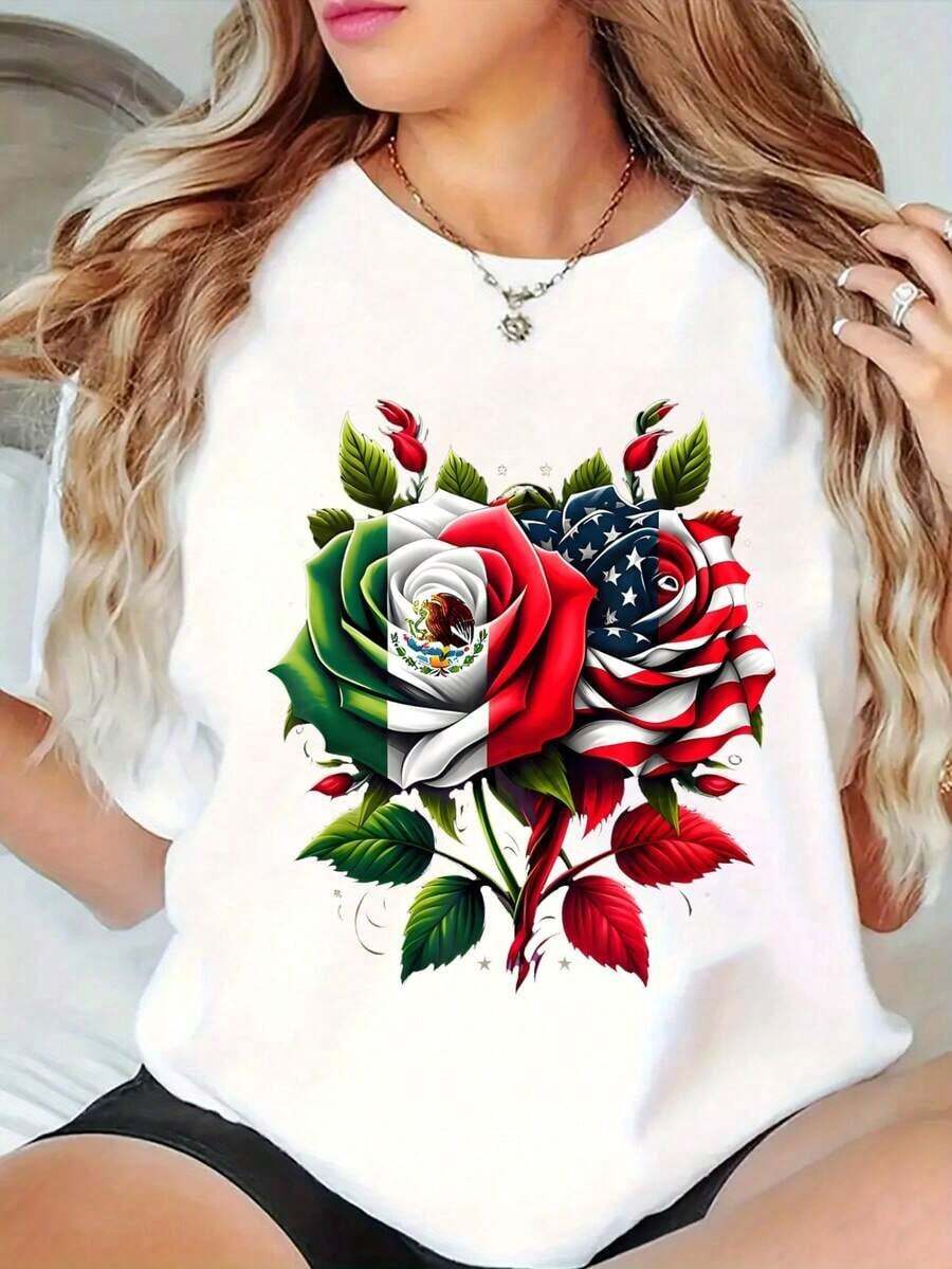 Women's Cotton T-Shirts With Round Neck And Graphic Print, Casual Oversized Short Sleeve T-Shirts With Mexican And American Flag Rose Print, Unisex T-Shirts, Spring And Summer T-Shirts For Women. - 白色 - 查看 1
