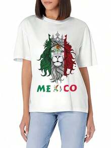 Camiseta Casual de Manga Corta con Cuello Redondo de Algodón Suave con la Bandera y el León de México, Corte Ajustado, Básica y Versátil para el Verano - Blanco - Ver 7