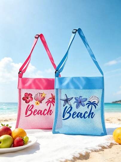 Colorful Mesh Beach Bag With Adjustable Shoulder Strap, Beach Seashell Pattern With Colorful Letter Print, Large Capacity Crossbody Bag, Multi-Functional Shoulder Bag, Handbag, Shopping Bag, Bags For Woman Cosmetic Bag, Travel Storage Bag, Holiday Essential ,Travel Essentials Holiday Travel Bag