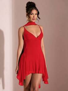 Vestido corto de gasa con escote en V profundo y cinta de color negro sólido, adecuado para citas diarias, salidas nocturnas, discotecas, fiestas, reuniones, fiestas de cóctel, monos de vacaciones, fiestas en la piscina, ropa de oficina, vestidos para ir y venir - Rojo - Ver 3