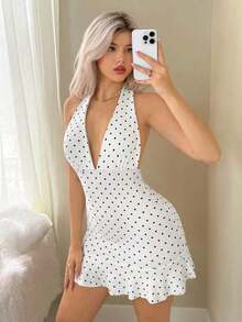 Vestido mini casual, de vacaciones, de estilo retro, con escote en V profundo y estampado de lunares blanco y negro - Blanco - Ver 6