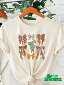 Women's Round Neck T-Shirt, Made Of Lightweight And Breathable Cotton, Limited Edition, With Anime Print And Letter 'a', Simple Design, Comfortable And Breathable, Suitable For Casual Daily Wear, Showing A Natural And Elegant Style, A Must-Have For Summer Parties, Local Shipping, Bow And Feather Detail, Lightweight Cotton. - 杏色 - 查看 12