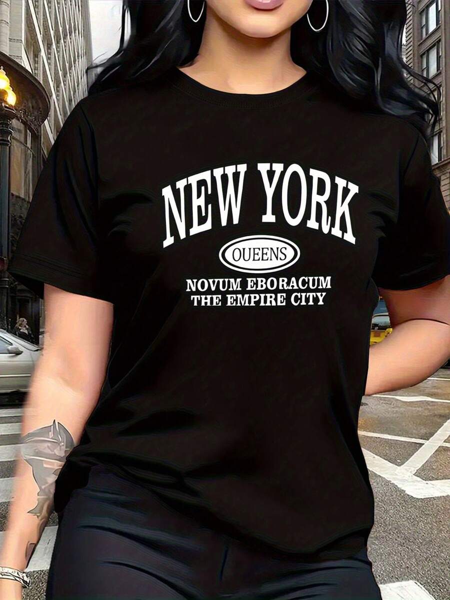 Soft 100% Cotton Letter Print T-Shirt, Breathable And Fashionable, For Family Trips, Campus, Casual Wear, Everyday Wear, Sister Sets, Versatile T-Shirt 5814, Breathable Cotton T-Shirt, Goes With Everything. - 黑色 - 查看 1