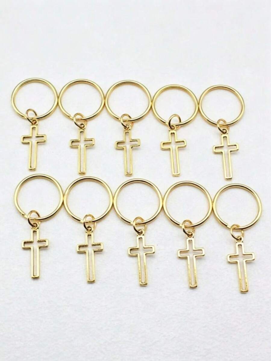 Bộ 10 chiếc móc khóa mặt dây chuyền hình thánh giá rỗng 11x24mm, đường kính ngoài 20mm, dây tròn, không kèm dây xích, quà tặng Halloween, quà lưu niệm, phụ kiện xe hơi, charm túi xách, phong cách học sinh, dễ thương, Gothic Y2K - màu vàng cổ xưa - Xem 1