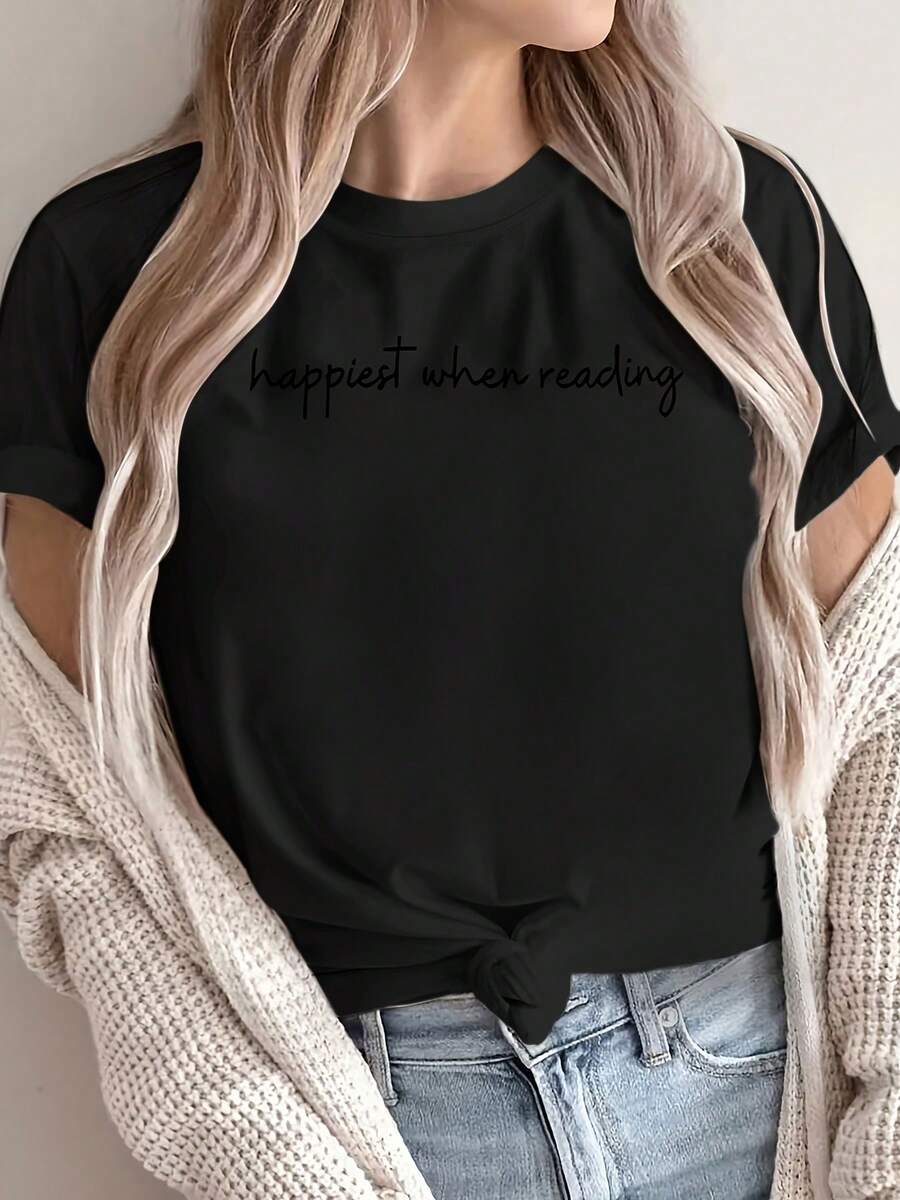 Soft 100% Cotton Women's Short-Sleeved Crew Neck T-Shirt With A Floral Print And English Lettering On The Chest. Breathable And Machine-Washable Fabric, Suitable For All Seasons. Not Suitable For Layering Under Blouses. Ideal For Casual Wear, Layering, And Basic Outfits. Breathable Cotton T-Shirt That Goes With Everything. - 黑色 - 查看 1