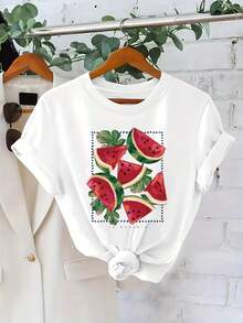 Soft 100% Cotton Plus Size T-Shirt - Casual And Stylish Women's T-Shirt With A Summer Print Design Featuring Watermelon Slices And Green Leaves. Breathable Cotton T-Shirt, Goes With Everything. - 白色 - 查看 1