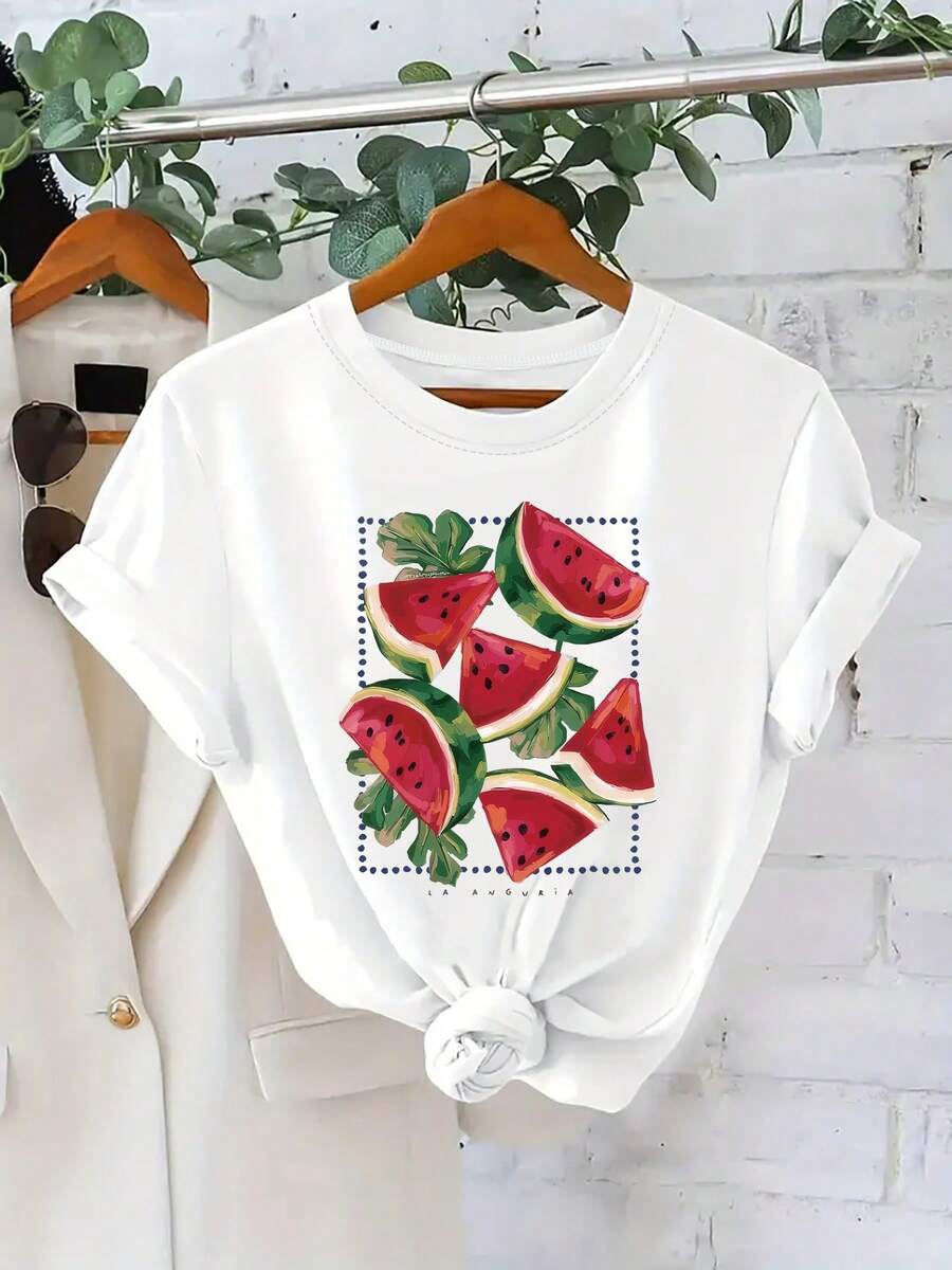 Soft 100% Cotton Plus Size T-Shirt - Casual And Stylish Women's T-Shirt With A Summer Print Design Featuring Watermelon Slices And Green Leaves. Breathable Cotton T-Shirt, Goes With Everything. - 白色 - 查看 1