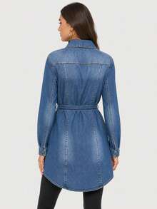 Blue denim tunic with belt, Tunic with belt, Button collar, Straight cut, Half-round hem, Length below the hips - 藍色 - 查看 2