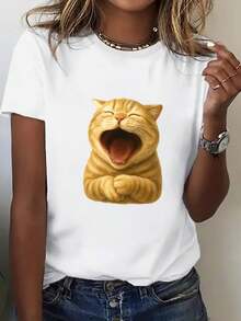 VivaGlam-Plus Size, Women's Oversized Vintage Cat Face Graphic T-Shirt - Soft Breathable Loose Fit Casual Streetwear Top with Joyful Tabby Cat Design, Black & White Pet Lover Tee for Everyday Summer Outfits, All-Season Comfort, Playful Round Neck Shirt, Geometric Pattern, Machine Washable & Dry Cleanable, Spring Fashion, Relaxed Fit for All Seasons - Blanco - Ver 2