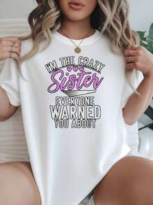 Camiseta de manga corta para mujer, corte holgado informal, opciones en negro y blanco, estampado gráfico de "Crazy Sister", camisetas de verano, camisetas gráficas para mujer, conjuntos de verano, camisetas gráficas para mujer, tops cortos para mujer, camisetas vintage de algodón, ropa linda para mujer, ropa casual. - Blanco - Ver 1