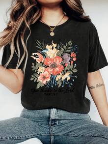 Fashionable Printed T-Shirt For Women, Round Neck, Casual Style, Lightweight And Breathable, Loose Fit, Suitable For Spring And Summer - Unisex Loose Cotton T-Shirt With Short Sleeves And Round Neck, Urban Vintage Style. - 黑色 - 查看 12
