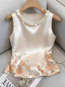 女士休闲优雅缎面碎花吊带背心，波西米亚风细肩带上衣，精致珍珠派对上衣，适合海滩度假和夏季日常穿着 - 杏色 - 查看 3