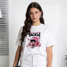 Ropa de verano para mujer, camiseta de algodón suave y casual con cuello redondo, estampado de leopardo rosa, estampado de casco de fútbol, estampado de mariposa, estampado de letras sobre la lucha contra el cáncer de mama. Color negro. - Blanco - Ver 3