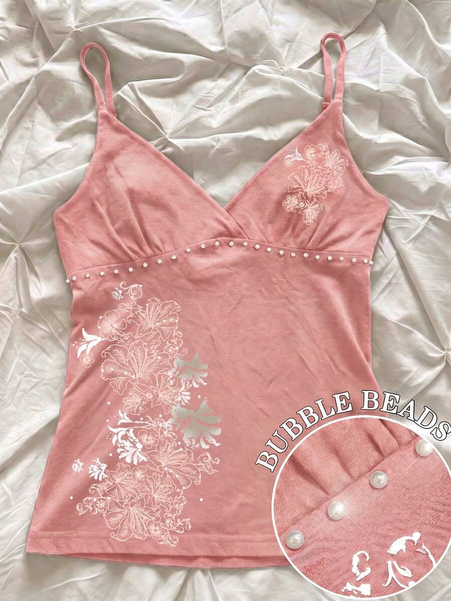 Hibiscus Flower Printed Casual Sleeveless Cami Top, Summer Tops, Beach Outfits For Women - Baby Pink - View 1