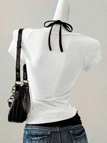 Camiseta de mujer casual de cuello en V retro, con atar, de manga corta y contraste de color, adecuada para el verano - Blanco 2 - Ver 3