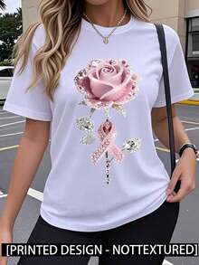 Nuevas Blusas Vintage de Moda, Camisetas Lindas 100% Algodón para Hombre, Manfinity Men1PC, Estampado de Rosas Brillantes Rosadas, Estilo Y2K, Camiseta de Verano para Mujer, Elegante, Cómoda, Transpirable, de Manga Corta, Casual y Versátil. - Blanco - Ver 1