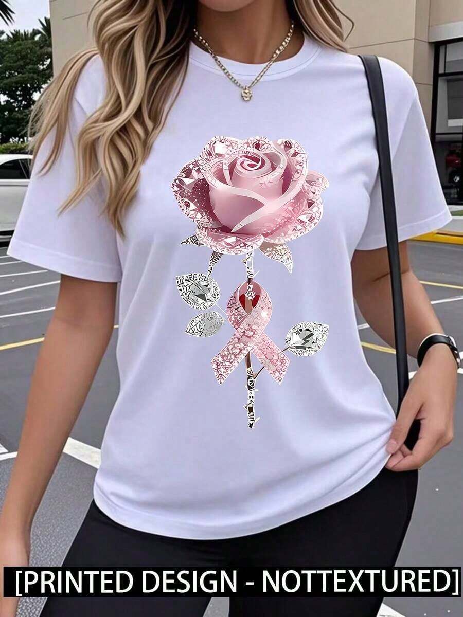Nuevas Blusas Vintage de Moda, Camisetas Lindas 100% Algodón para Hombre, Manfinity Men1PC, Estampado de Rosas Brillantes Rosadas, Estilo Y2K, Camiseta de Verano para Mujer, Elegante, Cómoda, Transpirable, de Manga Corta, Casual y Versátil. - Blanco - Ver 1
