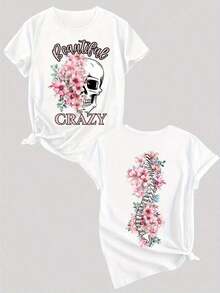 Una camiseta casual de mujer con cuello redondo y diseño de música country, que presenta un estampado de doble cara de una calavera rosa y la palabra 'CRAZY'. Tiene un corte holgado con mangas cortas, es lavable a máquina, adecuada para todas las estaciones y es un elemento de estilo. - Blanco - Ver 1